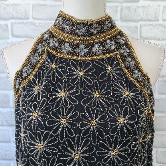 Vintage Mark & John By Gopal Silk Black Beaded Halter Top Blouse Elegant Party L - Picture 2 of 13